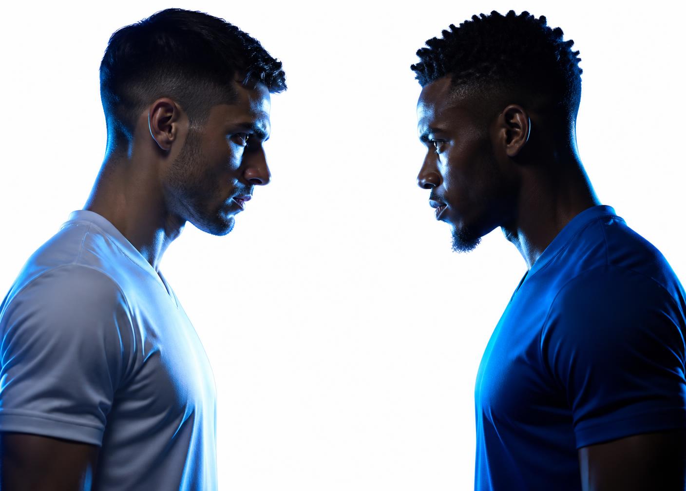 Two footballers facing off head to head before a duel